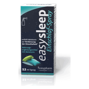 Verpackung von easySleep Einschlaf-Spray mit Melatonin, das zur Verkürzung der Einschlafzeit dient.