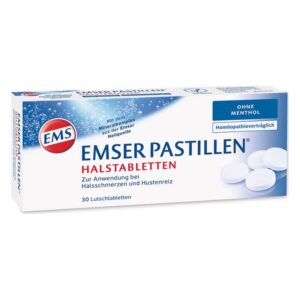 Verpackung der Emser Pastillen, Halstabletten zur Linderung von Halsschmerzen und Hustenreiz, ohne Menthol.