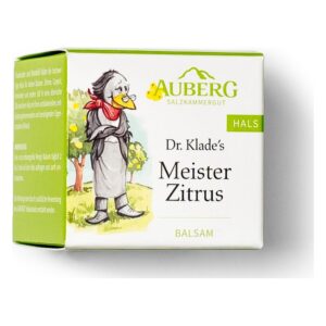 Verpackung eines Balsams mit farbenfrohem Design, zeigt eine cartoonhafte Figur mit Zitrusfrüchten im Hintergrund.