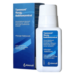 Flasche mit Tannosynt flüssigem Badezusatz, Verpackung blau mit Informationen zu Inhaltsstoffen und Anwendung.
