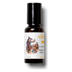 Braune Flasche mit schwarzem Roll-On-Deckel, Etikett mit magischem Motiv und der Aufschrift "Dr. Klädes Magie der Benzoe".