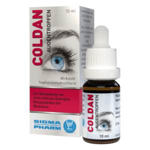 Augentropfen in einer braunen Flasche mit weißem Tropfverschluss und Verpackung, die eine Augenillustration zeigt.