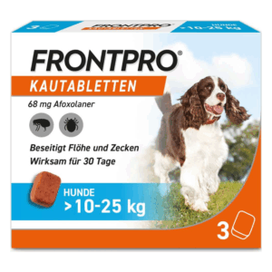 Verpackung von FRONTPRO Kautabletten gegen Flöhe und Zecken für Hunde, mit Abbildung eines Hundes im Freien.