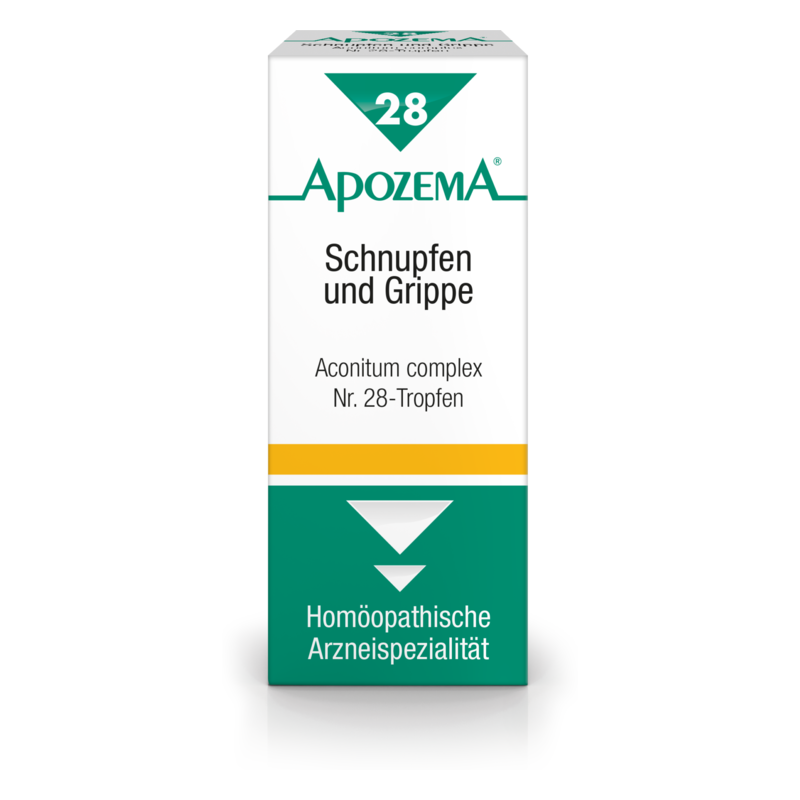 Packung mit Apozema Tropfen für Schnupfen und Grippe, weiß mit grünen und gelben Elementen, homöopathische Arzneispezialität.