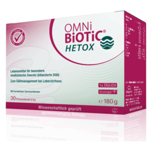 Verpackung von OMNi BiOTiC HETOX, einem diätetischen Lebensmittel für Leberzirrhose mit 30 Portionsbeuteln à 6 g.