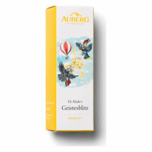 Gelbe Verpackung für Raumduft mit Illustrationen von Vögeln und einem Heißluftballon, beschriftet mit 'Geistesblitz'.