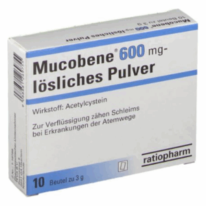 Packung Mucobene 600 mg lösliches Pulver, Wirkung: Acetylcystein, zur Schleimverflüssigung bei Atemwegserkrankungen.