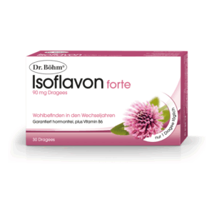 Packung von Dr. Böhm Isoflavon forte, 90 mg Dragees, mit einer Blüte und Informationen zu den Wechseljahren.