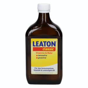 Braune Flasche mit weißem Schraubverschluss, etikettiert mit "LEATON classic", angibt Vitamine, laktose- und glutenfrei.