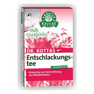 Verpackung des Dr. Kottas Entschlackungstees mit Kräutermotiven und Hinweis zur Unterstützung des Wohlbefindens.