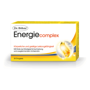 Verpackung von Dr. Böhm Energiecomplex mit der Beschreibung für körperliche und geistige Leistungsfähigkeit.