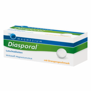 Verpackung von Diasporal Lutschtabletten mit orangengeschmack, enthält Magnesiumcitrat.