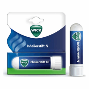 Verpackung mit Inhalierstift N, blauer Hintergrund, logo von WICK, praktische Schlauchform mit Kappe.
