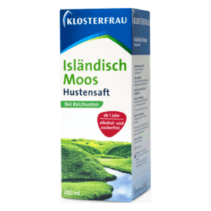Pappkarton mit dem Aufdruck "Isländisch Moos Hustensaft" zur Linderung von Reizhusten, alkohol- und zuckerfrei.
