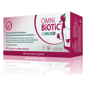 Verpackung von OMNiBIOTiC iMMUND, Nahrungsmittelergänzung mit Erdbeergeschmack und Vitamin D, 30 Lutschtabletten.