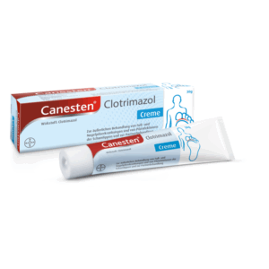 Tube und Verpackung der Canesten Clotrimazol Creme zur Behandlung von Fuß- und Nagelpilz.