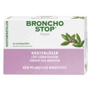 Ver_packung von Broncho Stop Hustenpastillen mit Thymian, die als pflanzlicher Hustenlöser dienen.