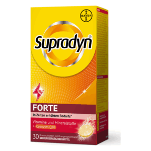 Verpackung von Supradyn Forte mit Vitaminen, Mineralstoffen und Coenzym Q10, orangefarbenes Design, 30 Brausetabletten.