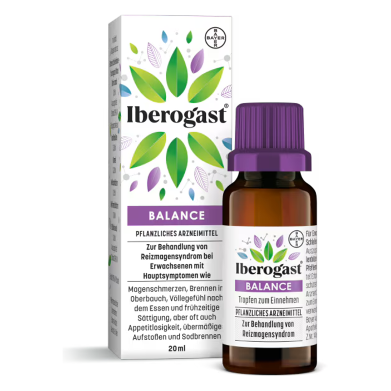 Iberogast Balance in einer braunen Glasflasche mit lila Verschluss, umgeben von einer bunten Verpackung, die pflanzliche Motive zeigt.