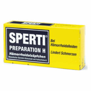 Gelbe Verpackung von Sperti Preparation H mit Hinweisen zu Hämorrhoidalzäpfchen und Schmerzlinderung.