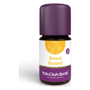 Eine braune Flasche mit lila Kappe und einem Etikett, das "Good Guard" und das Bio-Siegel zeigt.