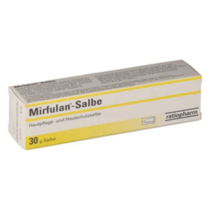 Verpackung einer Mirfulan-Salbe in einer schlanken Tube mit gelben Akzenten und detaillierten Produktinformationen.