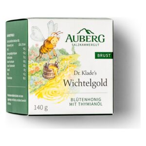 Verpackung von Dr. Klade's Wichtelgold, einem Blütenhonig mit Thymianöl, mit einer Biene und nostalgischer Illustration.