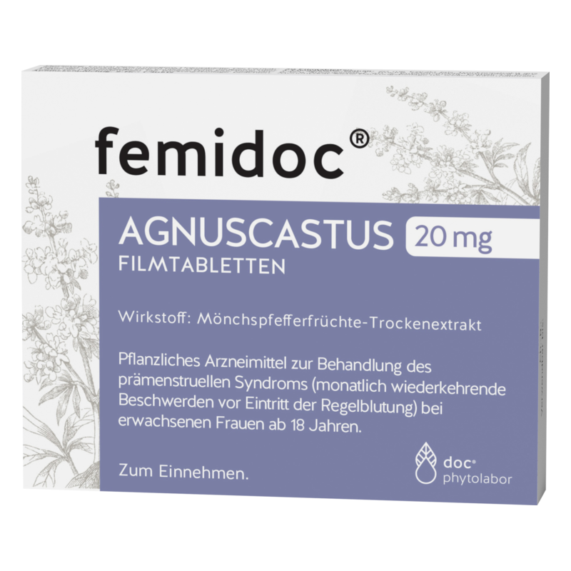 Verpackung von femidoc Agnus Castus Filmtabletten mit 20 mg Mönchspfefferextrakt zur Linderung von PMS-Beschwerden.