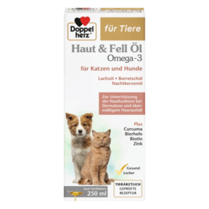 Verpackung von Haut & Fell Öl für Katzen und Hunde mit Informationen zu Inhaltsstoffen und Anwendung.
