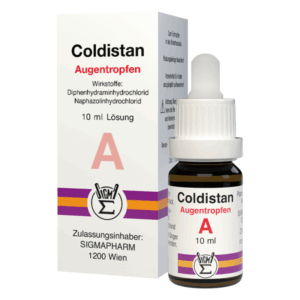 Coldistan Augentropfen in einer 10 ml Flasche, umgeben von einer mehrfarbigen Verpackung mit Wirkstoffen und Herstellerangaben.