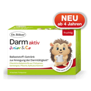 Verpackung des ballaststoffreichen Getränks "Darm aktiv Junior & Co" mit einem niedlichen Igelmotiv, für Kinder ab 4 Jahren.