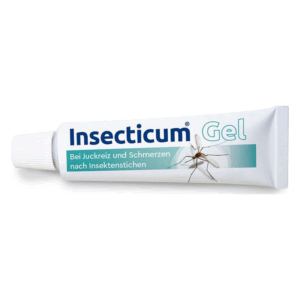 Tube mit Insecticum Gel zur Linderung von Juckreiz und Schmerzen nach Insektenstichen, abgebildet mit Mücke.