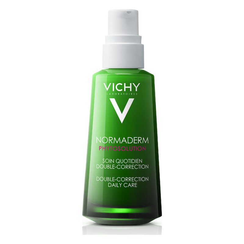 Grüner Flakon mit Pumpspender, Vichy Normaderm Phytosolution für tägliche Hautpflege, doppelter Korrektur-Effekt.