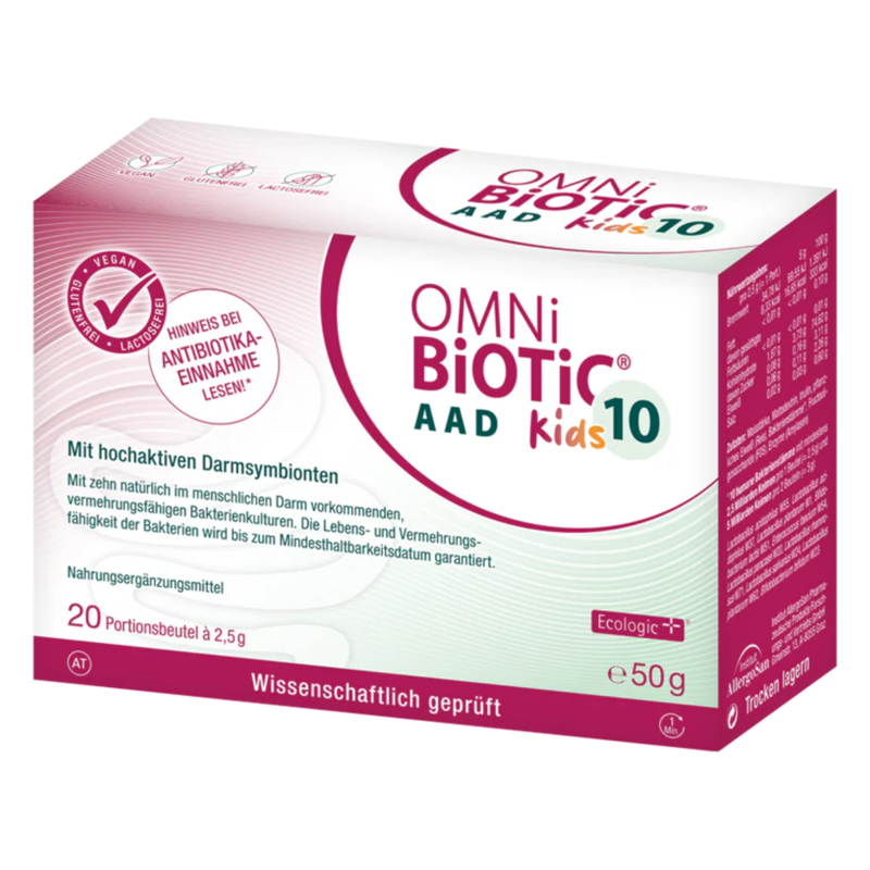Verpackung von OMNi BiOTiC AAD Kids 10, einem Nahrungsergänzungsmittel mit Darmbakterien für Kinder.