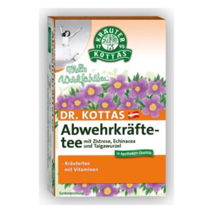 Verpackung von Dr. Kottas Abwehrkräfte-Tee mit Zistrose, Echinacea und Taigawurzel, farbenfrohes Design mit blühenden Pflanzen.
