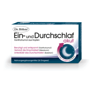 Verpackung von Dr. Böhm's Ein- und Durchschlaf akut, ein Nahrungsergänzungsmittel in Drajees zur Förderung des Schlafs.