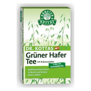 Verpackung von Dr. Kottas grünem Hafertee mit Kakaoschalen, betont seine stresslindernden Eigenschaften, bio- und apothekenqualitativ.