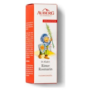 Verpackung eines Fußmassageöls mit einem Ritter-Charakter, der einen Zweig in der Hand hält, auf rotem Hintergrund.