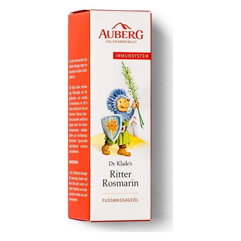 Verpackung eines Fußmassageöls mit einem Ritter-Charakter, der einen Zweig in der Hand hält, auf rotem Hintergrund.