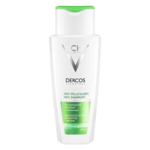 Vichy Dercos Anti-Schuppen-Shampoo in einer weißen Flasche mit grünem Deckel und 200 ml Inhalt.