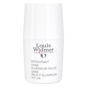 Roll-on-Deodorant ohne Aluminiumsalze in weißer Verpackung von Louis Widmer, mit klaren Inhaltsangaben.