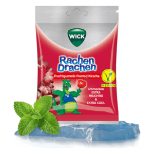 Verpackung mit Fruchtgummis 'Rachen Drachen' in Kirschgeschmack und mintgrünen Blättern.
