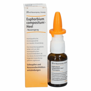 Eine Flasche mit homöopathischem Nasenspray (20 ml) neben einer mehrsprachigen Verpackung mit Anwendungsinformationen.