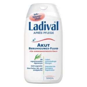 Flasche Ladival Après Pflege mit akut beruhigendem Fluid für sonnenbeanspruchte Haut und Anti-Rötungs-Effekt.