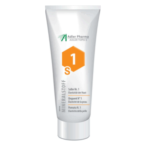 Tube mit einer Salbe zur Verbesserung der Hautelastizität, mit klaren Angaben und einem orangefarbenen Etikett.