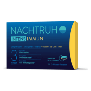 Verpackung von NachtRuhe Intens Immun, enthält Melatonin, Ashwagandha, Baldrian, Vitamine und Mineralstoffe, 20 Tabletten.