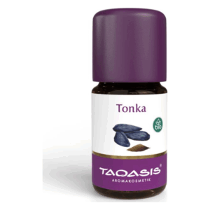 Braune Flasche mit lila Kappe und Etikett, das Tonkabohnen abbildet, biologisches Produkt von Taqasis.