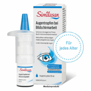 Augentropfen von Similasan in einer weißen Flasche mit blauer Kappe und Verpackung, die Augenpflege bei Bildschirmarbeit bewirbt.