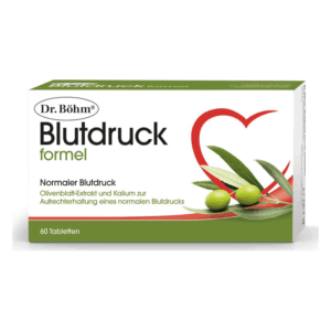 Packung mit Dr. Böhm Blutdruck Formel für normalem Blutdruck, enthält Olivenblatt-Extrakt und Kalium.