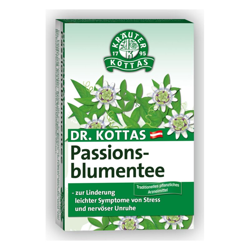 Verpackung des Passionsblumentees von Dr. Kottas mit grüner Schrift, Flowers und Informationen zur Anwendung.